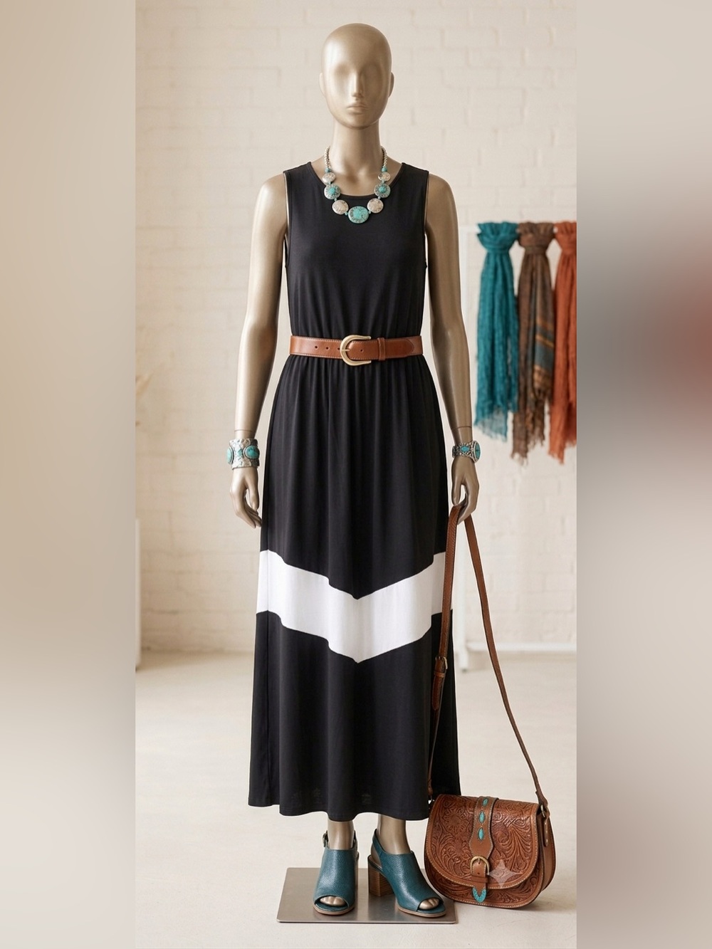 Women's Black Maxi Dress with White Chevron Accent Band